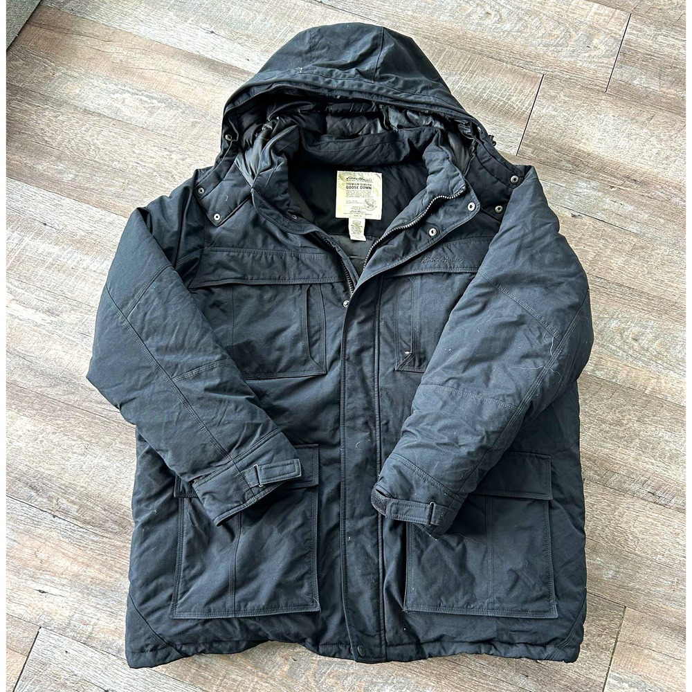 Eddie Bauer Premium Goose Down Parka Mens XXL Black Hooded Winter Coat